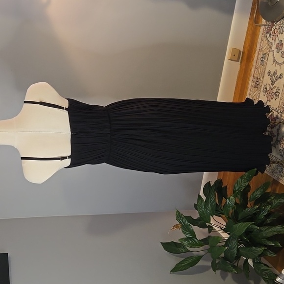 DKNY Black Micro Pleated Bustier Corset Ruffle Hem Back Zip Midi Dress Sz 10 - Picture 3 of 14